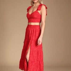 NWT Lulus Red Floral Burnout Tiered Two-Piece Midi Dress